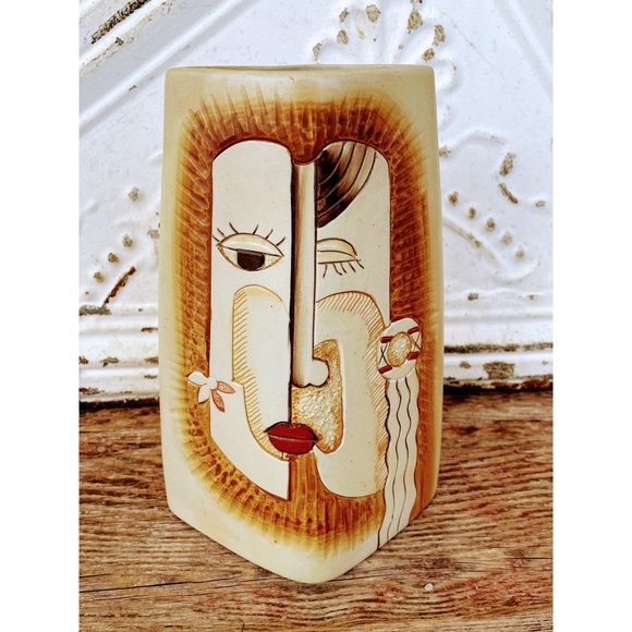 Vintage MCM Picasso Style Two Sided Vase Split Face And Tribal Women Rowing Boat - Picture 10 of 13